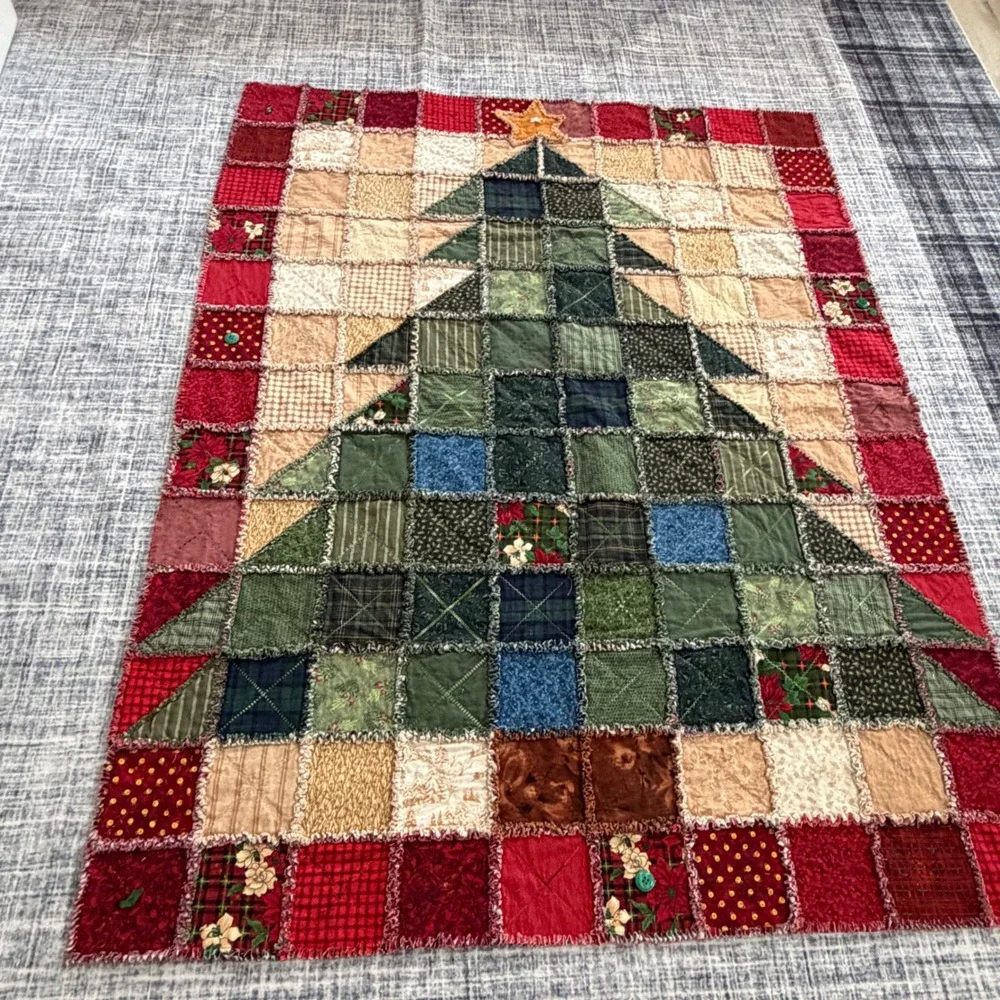 Handmade Christmas Tree Rag Quilt Rustic Holiday Patchwork Throw 50x66